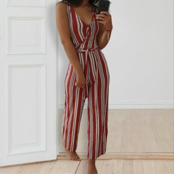 BERSHKA Europe Striped V neck Tie Waist Wide Leg Jumpsuit - Picture 11 of 16